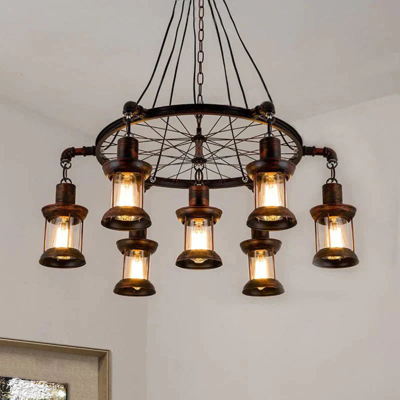 Coastal Lantern Hanging Lamp 7 Lights Clear Glass Chandelier Lighting In Rust With Wheel