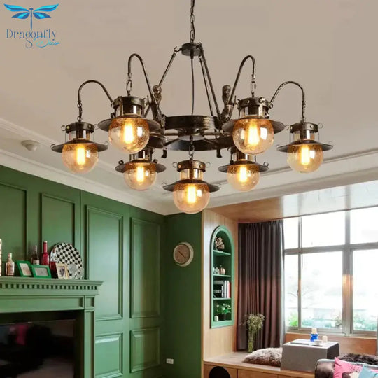7/8 Bulbs Clear Glass Chandelier Light Country Rust Spherical Restaurant Pendant Lamp With Metal