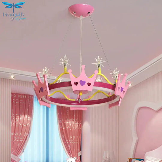7 Bulbs Girl Room Hanging Chandelier Kid Pink Pendant Lamp With Butterfly/Crown Acrylic Shade