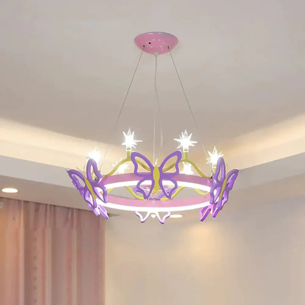 7 Bulbs Girl Room Hanging Chandelier Kid Pink Pendant Lamp With Butterfly/Crown Acrylic Shade /