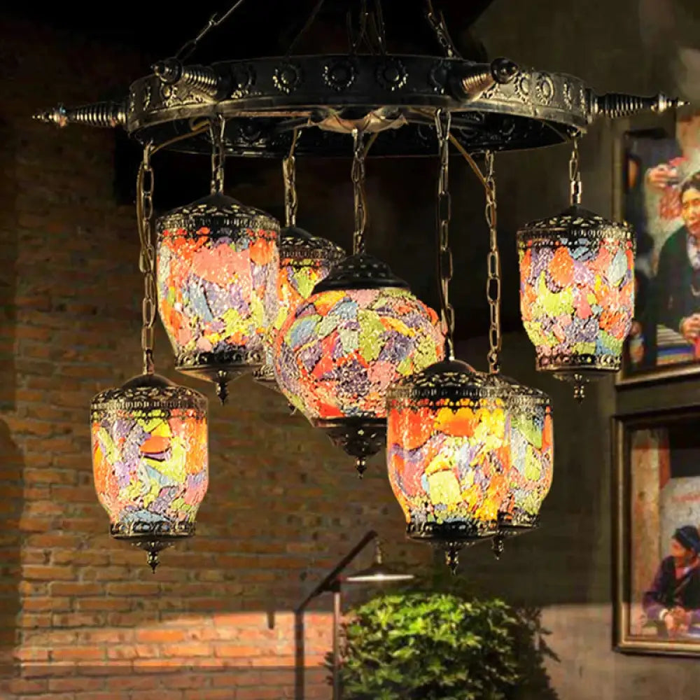 7 Bulbs Purple Glass Chandelier Pendant Art Deco Bronze Gyroscope Restaurant Hanging Lamp With