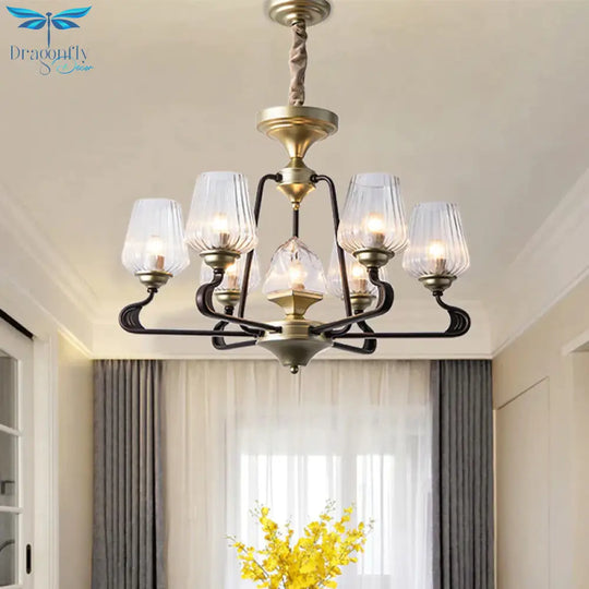 7 - Head Clear Ribbed Glass Pendant Antique Black Tulip Dining Room Chandelier Lighting