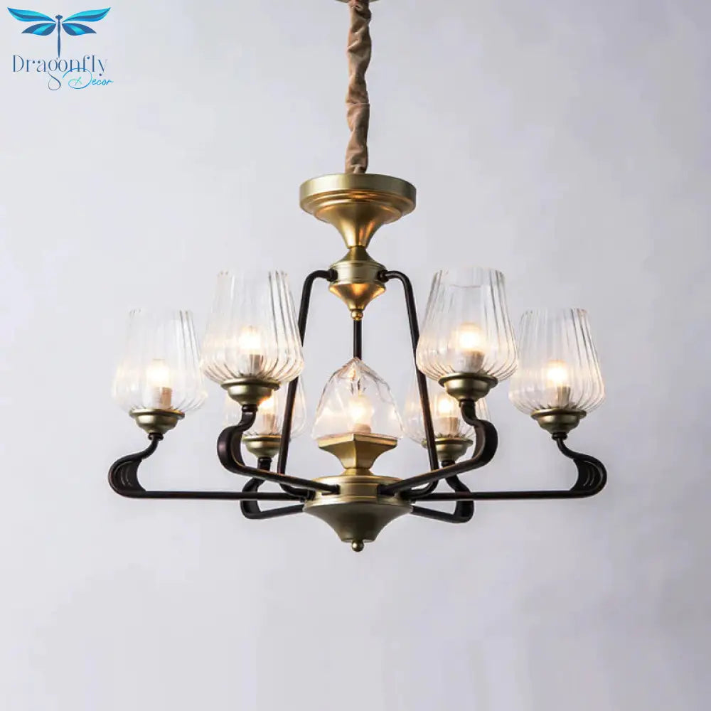 7 - Head Clear Ribbed Glass Pendant Antique Black Tulip Dining Room Chandelier Lighting