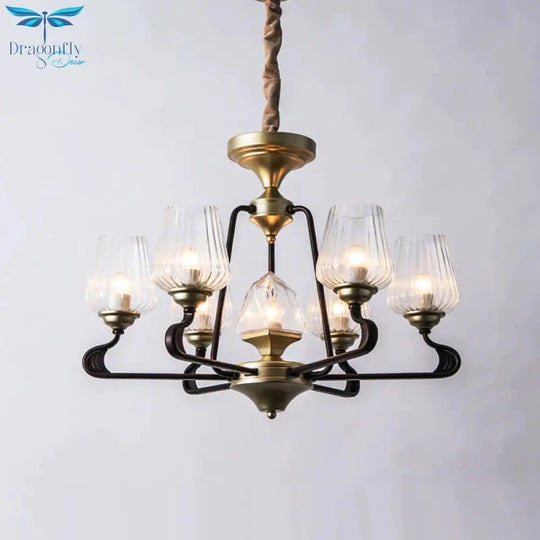 7 - Head Clear Ribbed Glass Pendant Antique Black Tulip Dining Room Chandelier Lighting