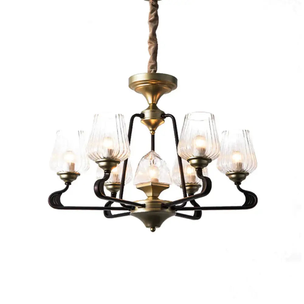 7 - Head Clear Ribbed Glass Pendant Antique Black Tulip Dining Room Chandelier Lighting