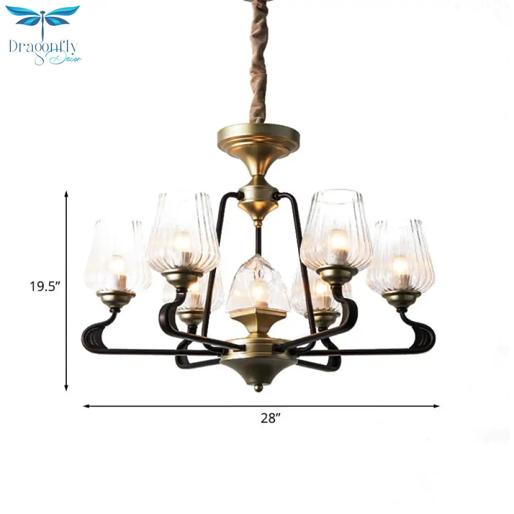 7 - Head Clear Ribbed Glass Pendant Antique Black Tulip Dining Room Chandelier Lighting