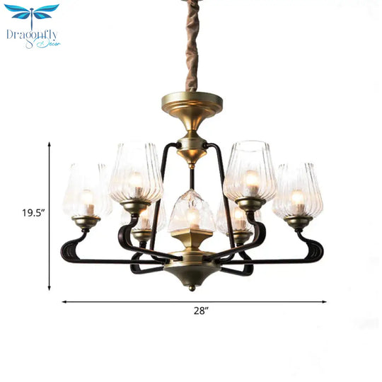 7 - Head Clear Ribbed Glass Pendant Antique Black Tulip Dining Room Chandelier Lighting
