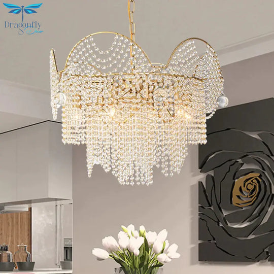 7 Lights Chandelier Lighting Rural Layered Crystal Hanging Pendant Light In Gold For Living Room