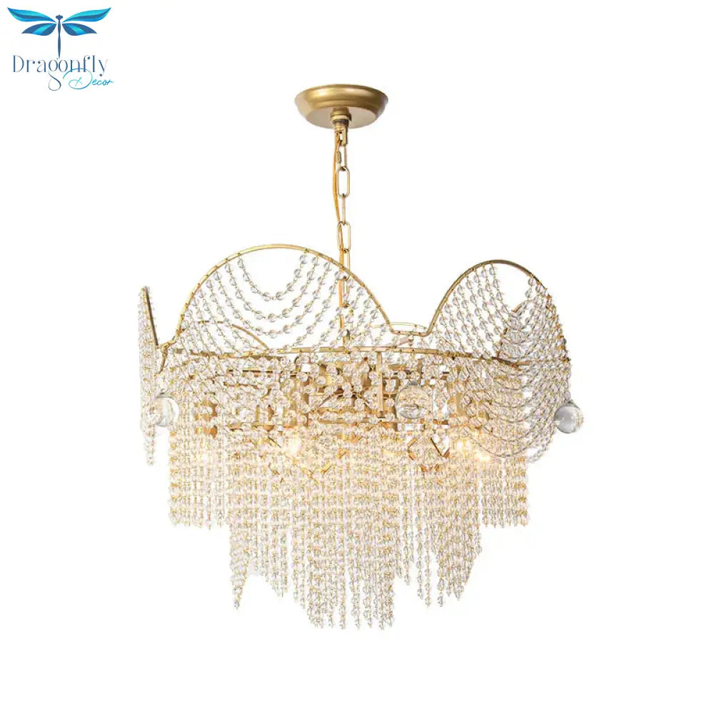 7 Lights Chandelier Lighting Rural Layered Crystal Hanging Pendant Light In Gold For Living Room