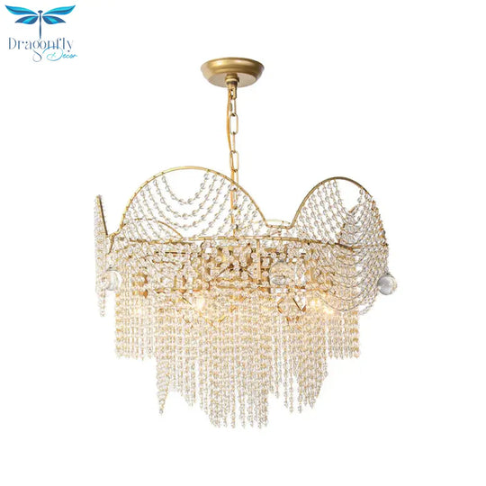 7 Lights Chandelier Lighting Rural Layered Crystal Hanging Pendant Light In Gold For Living Room
