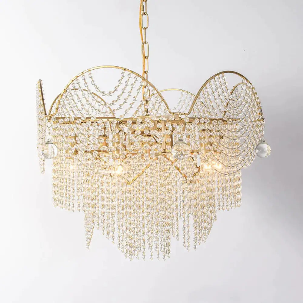 7 Lights Chandelier Lighting Rural Layered Crystal Hanging Pendant Light In Gold For Living Room