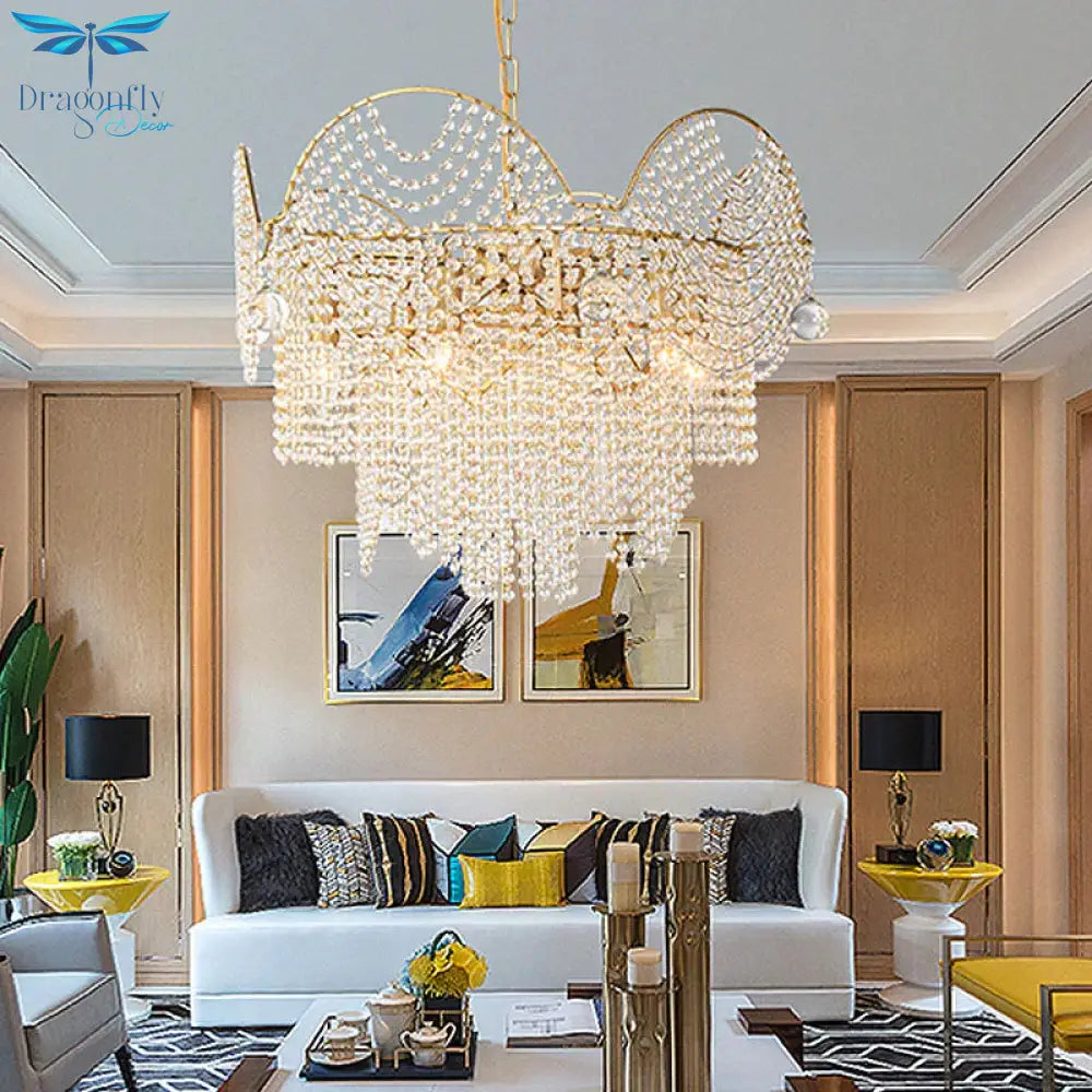 7 Lights Chandelier Lighting Rural Layered Crystal Hanging Pendant Light In Gold For Living Room