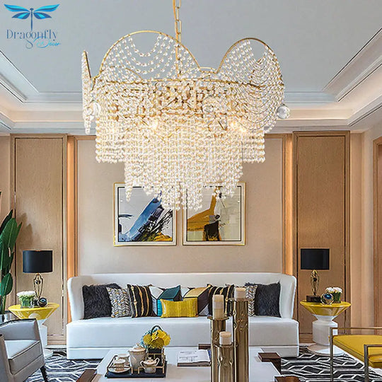 7 Lights Chandelier Lighting Rural Layered Crystal Hanging Pendant Light In Gold For Living Room