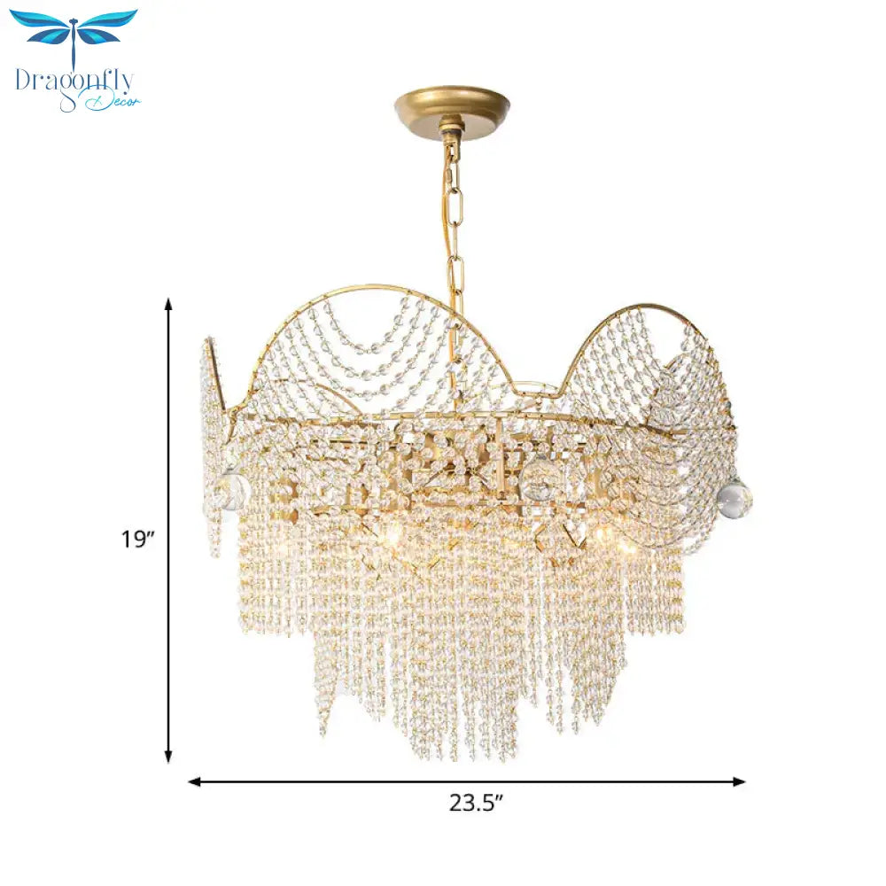 7 Lights Chandelier Lighting Rural Layered Crystal Hanging Pendant Light In Gold For Living Room