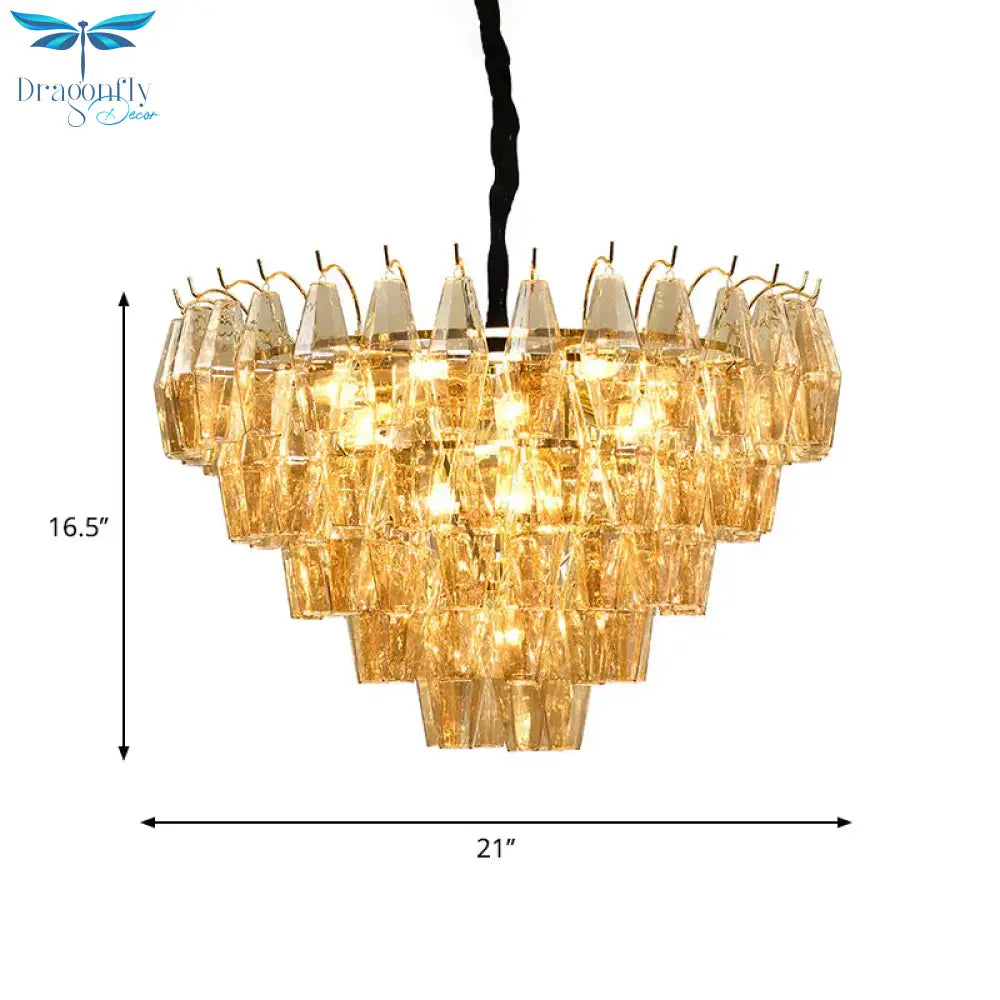 7 Lights Chandelier Traditional Living Room Pendant Lamp With Conical Amber Glass Shade