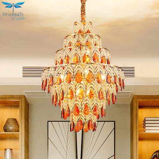 7 - Tier Tapered Dining Room Hanging Light Retro Tan Crystal 8 Heads Gold Chandelier Pendant