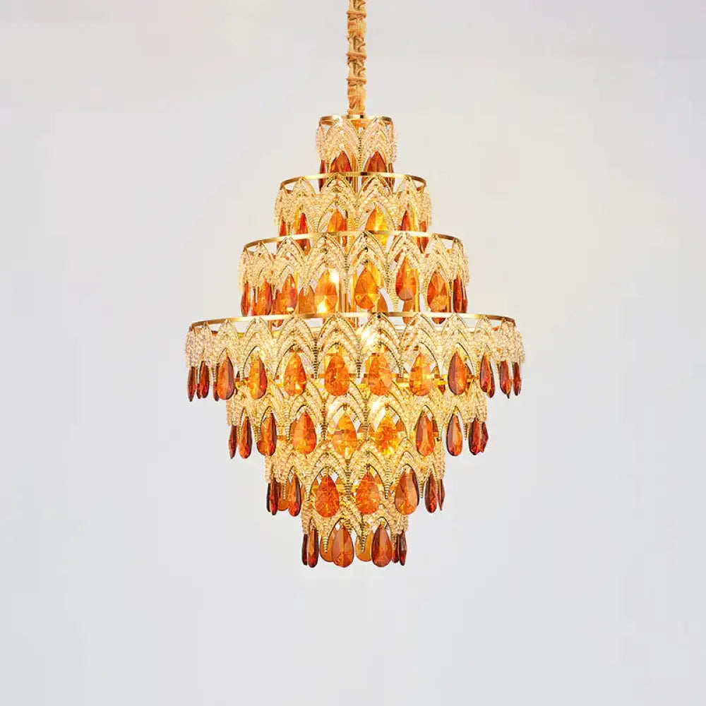 7 - Tier Tapered Dining Room Hanging Light Retro Tan Crystal 8 Heads Gold Chandelier Pendant