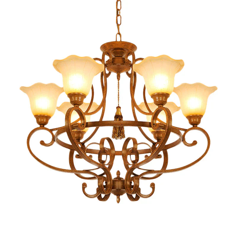Brown 6 Lights Hanging Chandelier Traditional Frosted Glass Flared Pendant Lighting Fixture With