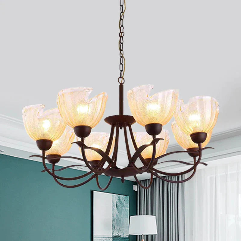 Yellow Water Glass Black Chandelier Light Bowl 8 Lights Countryside Hanging Pendant With Swirl Arm