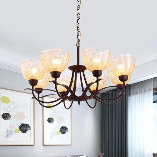 Yellow Water Glass Black Chandelier Light Bowl 8 Lights Countryside Hanging Pendant With Swirl Arm