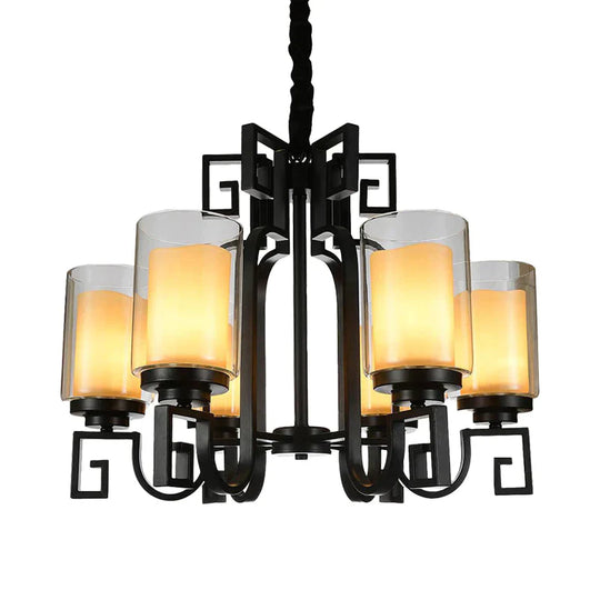 Rural Cylinder Chandelier Light Fixture 6 Lights Clear Glass Ceiling Pendant In Black With Twisted