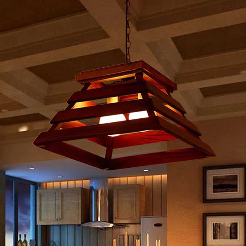 Trapezoid Cage Dining Room Pendant Light Kit Traditional Wood 2 - Bulb Brown Hanging Chandelier