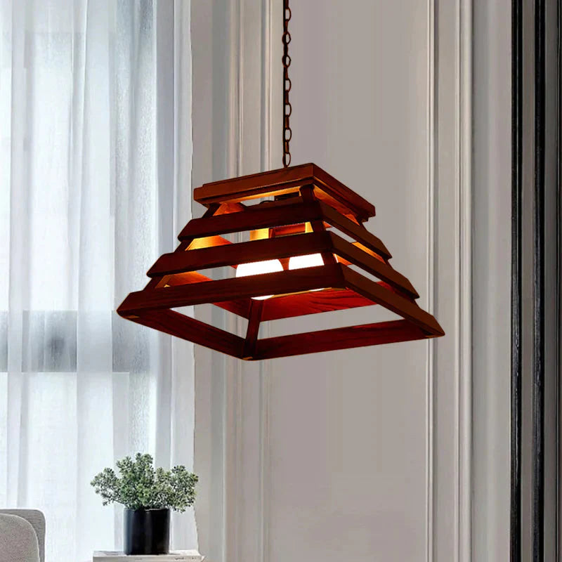 Trapezoid Cage Dining Room Pendant Light Kit Traditional Wood 2 - Bulb Brown Hanging Chandelier