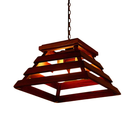 Trapezoid Cage Dining Room Pendant Light Kit Traditional Wood 2 - Bulb Brown Hanging Chandelier