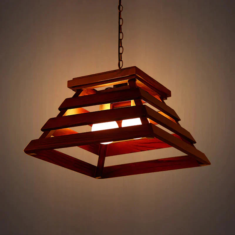 Trapezoid Cage Dining Room Pendant Light Kit Traditional Wood 2 - Bulb Brown Hanging Chandelier