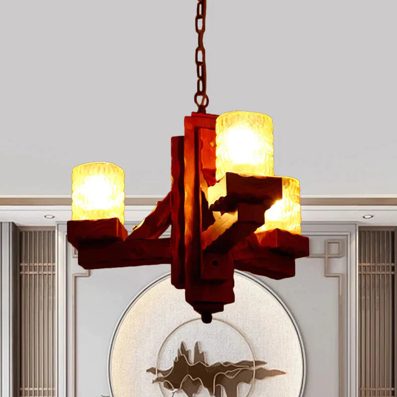 Cylinder Dining Room Pendant Chandelier Rustic Yellow Dimpled Glass 3 Lights Brown Hanging Lighting