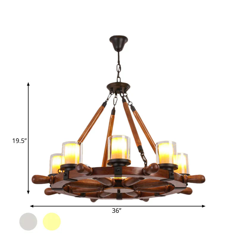 Marble/Clear Glass Brown Chandelier Cylinder 6/8 Lights Traditional Rope Pendant Lamp With Wood