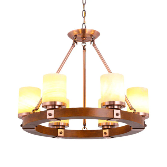 Classic Cylinder Chandelier Light 6/8/10 Heads Marble Ceiling Pendant In Brown With Wood Circular