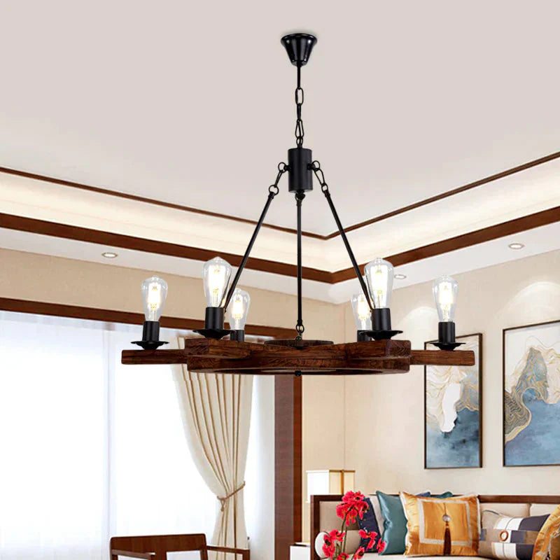6 Lights Rudder Chandelier Light Fixture Country Brown Wood Ceiling With Bare Bulb Design For