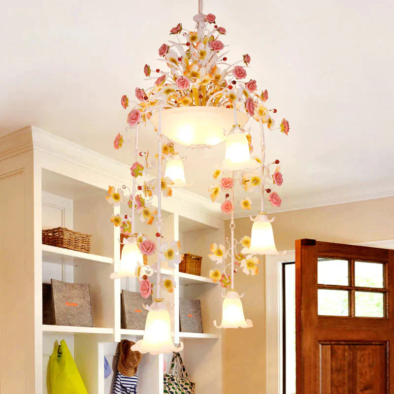 Korean Flower Draped Ceiling Pendant 10 Heads White Glass Chandelier Lighting Fixture For Living