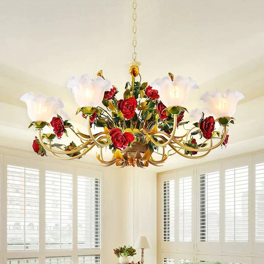 6/8 Heads Ceiling Hang Fixture Countryside Bloom Ivory Glass Pendant Chandelier In Light Tan