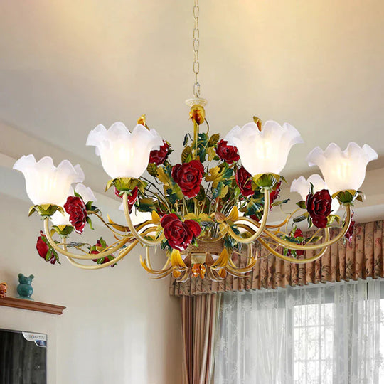 6/8 Heads Ceiling Hang Fixture Countryside Bloom Ivory Glass Pendant Chandelier In Light Tan