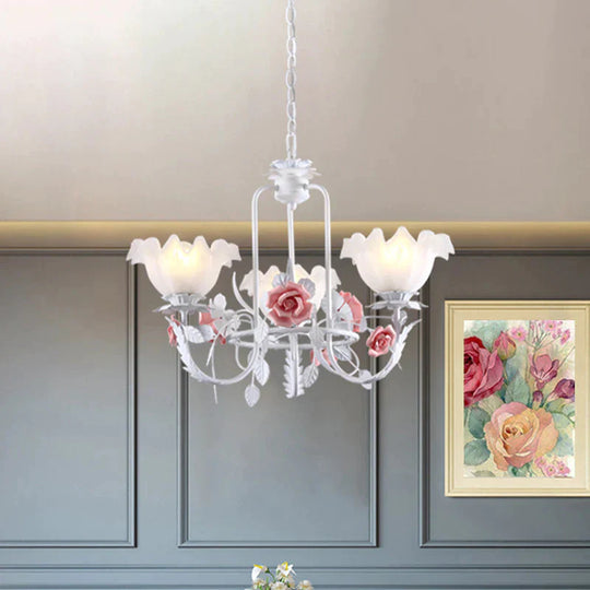Pink Scalloped Suspension Pendant Light Countryside White Glass 3 Lights Dining Room Chandelier