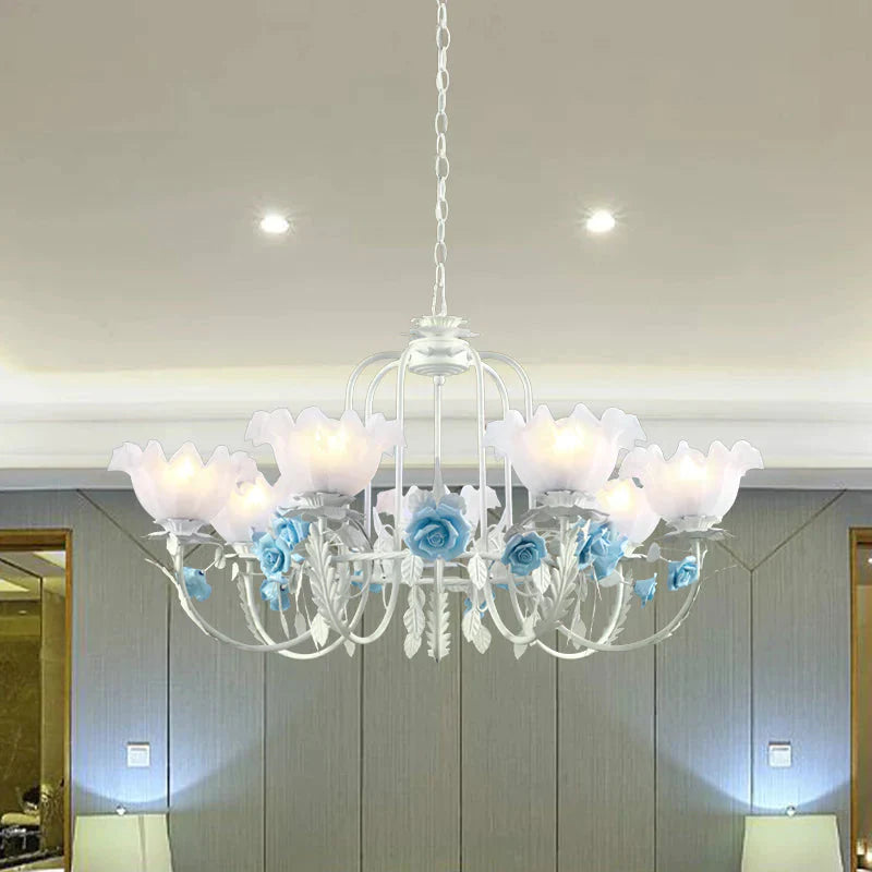 Blue Rose Hanging Pendant Korean Garden White Glass 7 Bulbs Living Room Ceiling Chandelier