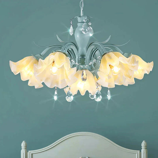 Ivory Glass Blue Pendant Lighting Scalloped 4/7/9 Heads Korean Flower Chandelier With Crystal Drop