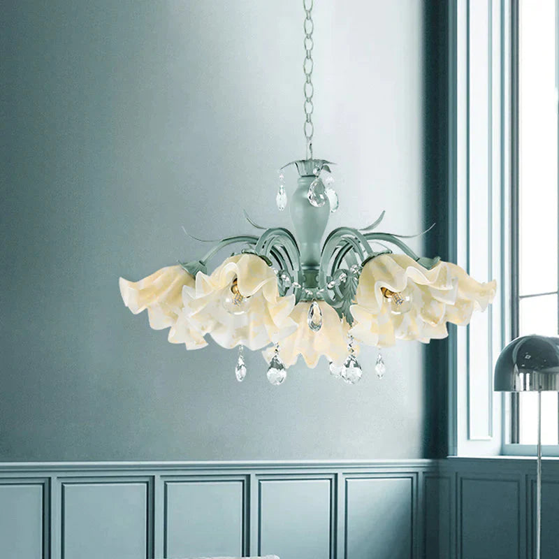 Ivory Glass Blue Pendant Lighting Scalloped 4/7/9 Heads Korean Flower Chandelier With Crystal Drop