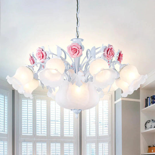Romantic Pastoral Blossom Hanging Light 10 Lights White Glass Chandelier Lamp For Living Room