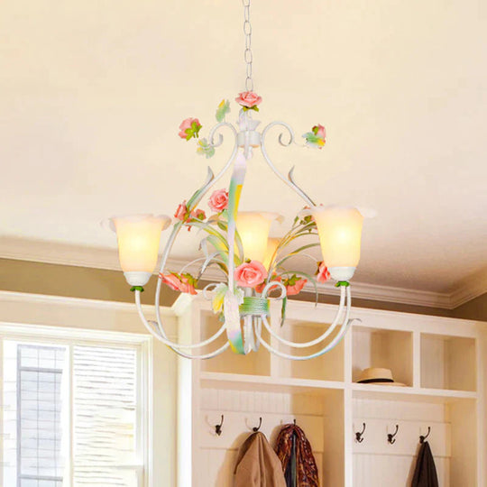 Curved Arm Kitchen Hanging Lamp Romantic Pastoral White Glass 4/7/9 Bulbs Pink Chandelier Lighting