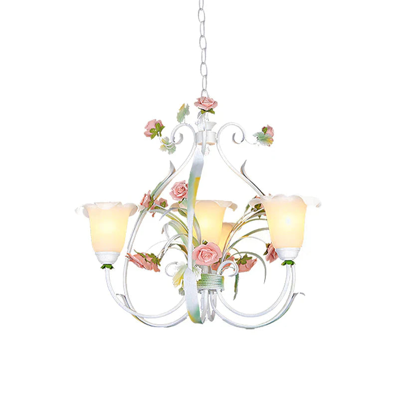 Curved Arm Kitchen Hanging Lamp Romantic Pastoral White Glass 4/7/9 Bulbs Pink Chandelier Lighting
