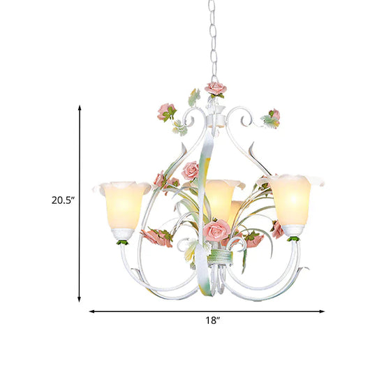 Curved Arm Kitchen Hanging Lamp Romantic Pastoral White Glass 4/7/9 Bulbs Pink Chandelier Lighting