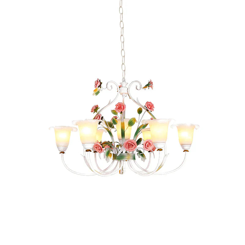 Curved Arm Kitchen Hanging Lamp Romantic Pastoral White Glass 4/7/9 Bulbs Pink Chandelier Lighting