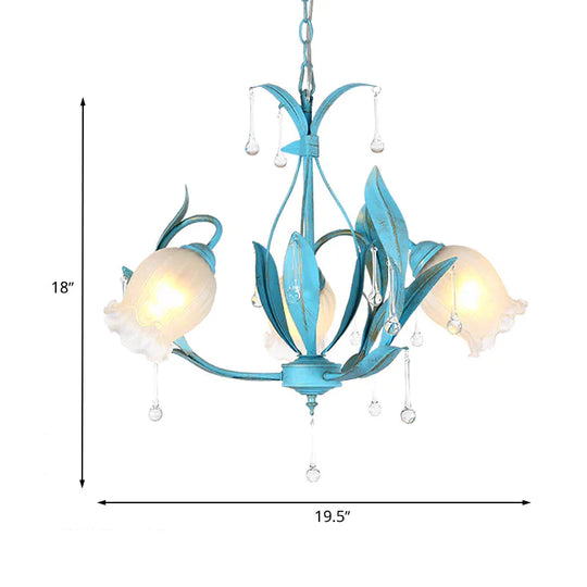 Blue Bloom Hanging Light Fixture Countryside White Prismatic Glass 3/6 Heads Restaurant Chandelier