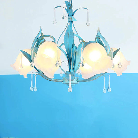 Blue Bloom Hanging Light Fixture Countryside White Prismatic Glass 3/6 Heads Restaurant Chandelier