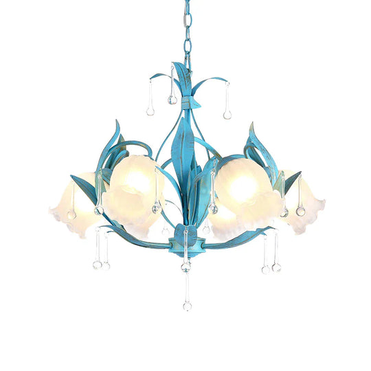 Blue Bloom Hanging Light Fixture Countryside White Prismatic Glass 3/6 Heads Restaurant Chandelier