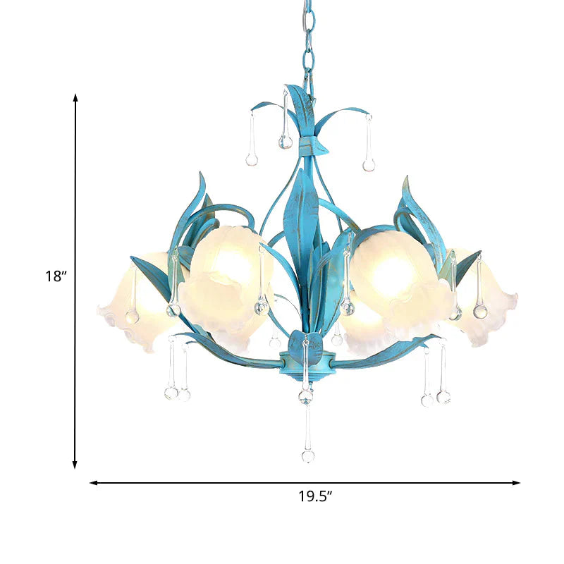 Blue Bloom Hanging Light Fixture Countryside White Prismatic Glass 3/6 Heads Restaurant Chandelier