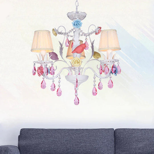 Fabric White Suspension Light Pleated Shade 3/8 Lights Korean Garden Pendant Chandelier With Pink